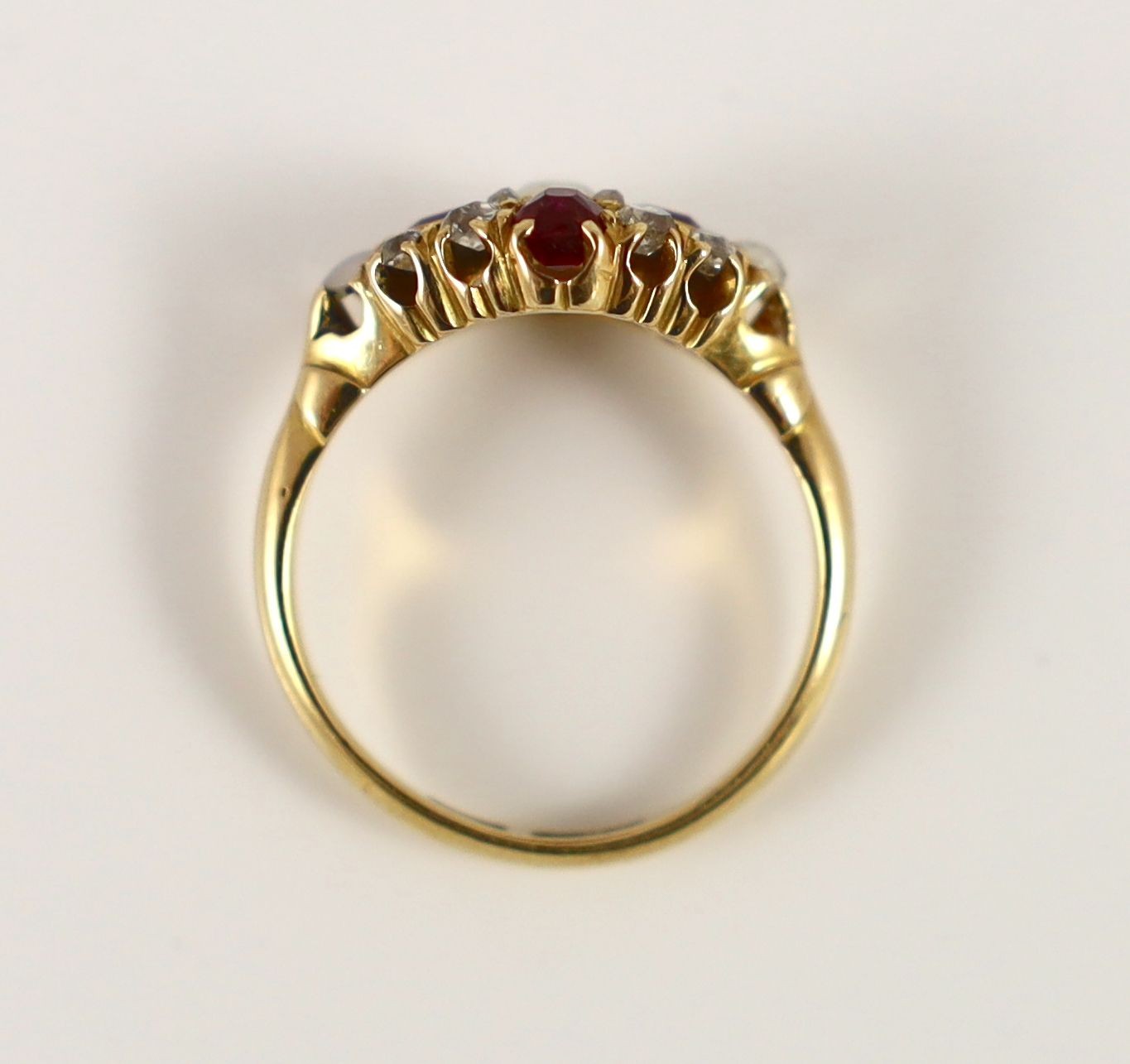 An early 20th century 18ct gold, ruby, diamond and split pearl cluster set dress ring